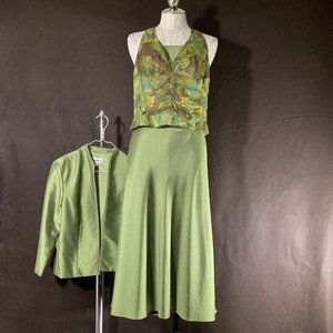 Karen Miller Slubbed Silk Dress and Jacket Womens 14p Green Open Front Polyester